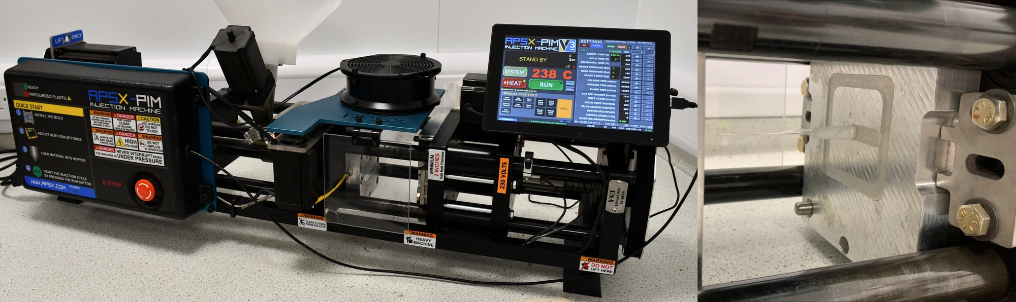 Injection moulding machine with a close-up of the mould